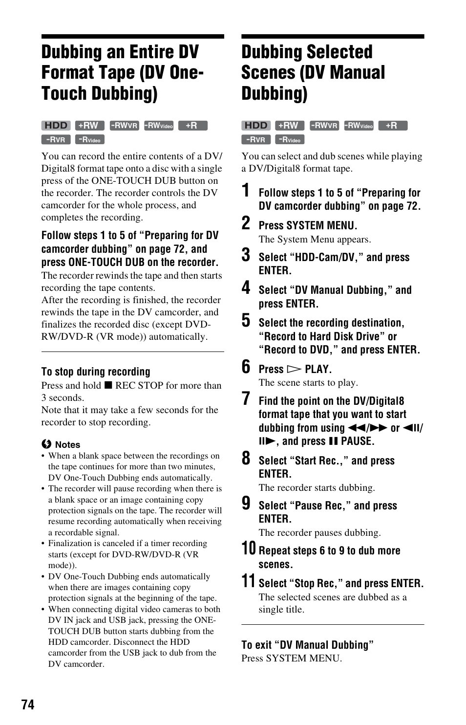 Dubbing selected scenes (dv manual dubbing) | Sony RDR-HX780 User Manual | Page 74 / 136