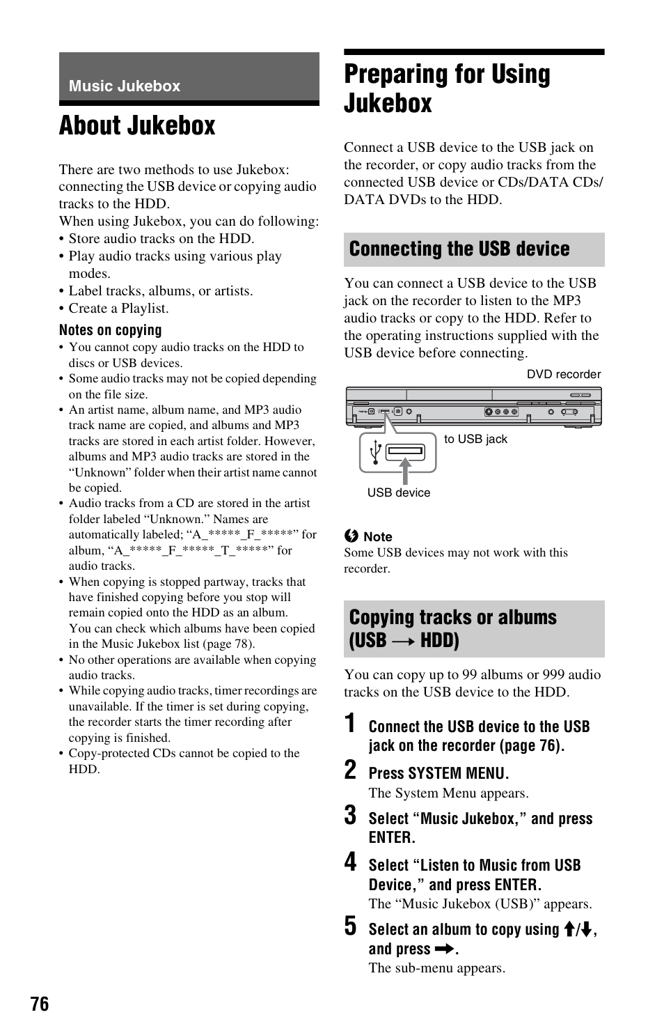 Music jukebox, About jukebox, Preparing for using jukebox | Connecting the usb device, Copying tracks or albums (usb t hdd), About jukebox preparing for using jukebox, A) (76 | Sony RDR-HX780 User Manual | Page 76 / 136