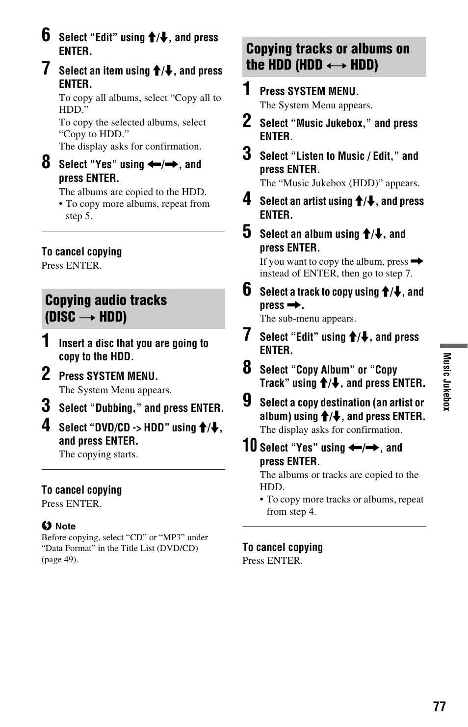 Copying audio tracks (disc t hdd), Copying tracks or albums on the hdd (hdd y hdd), Copying audio tracks (disc | Copying tracks or albums on the hdd (hdd | Sony RDR-HX780 User Manual | Page 77 / 136