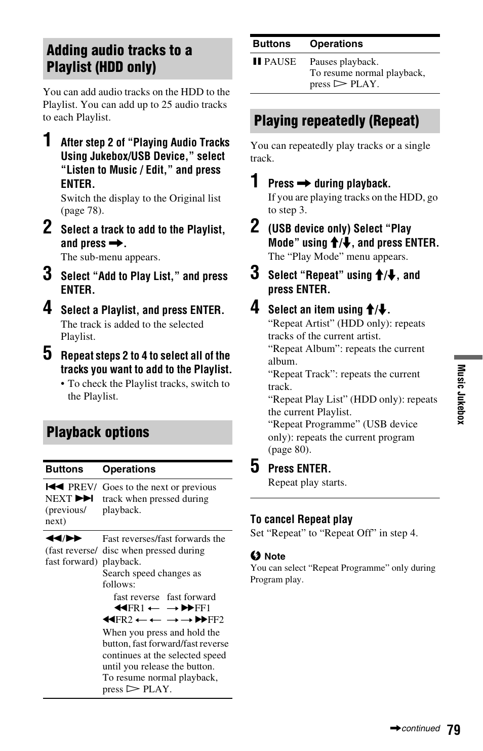 Adding audio tracks to a playlist (hdd only), Playback options, Playing repeatedly (repeat) | Sony RDR-HX780 User Manual | Page 79 / 136