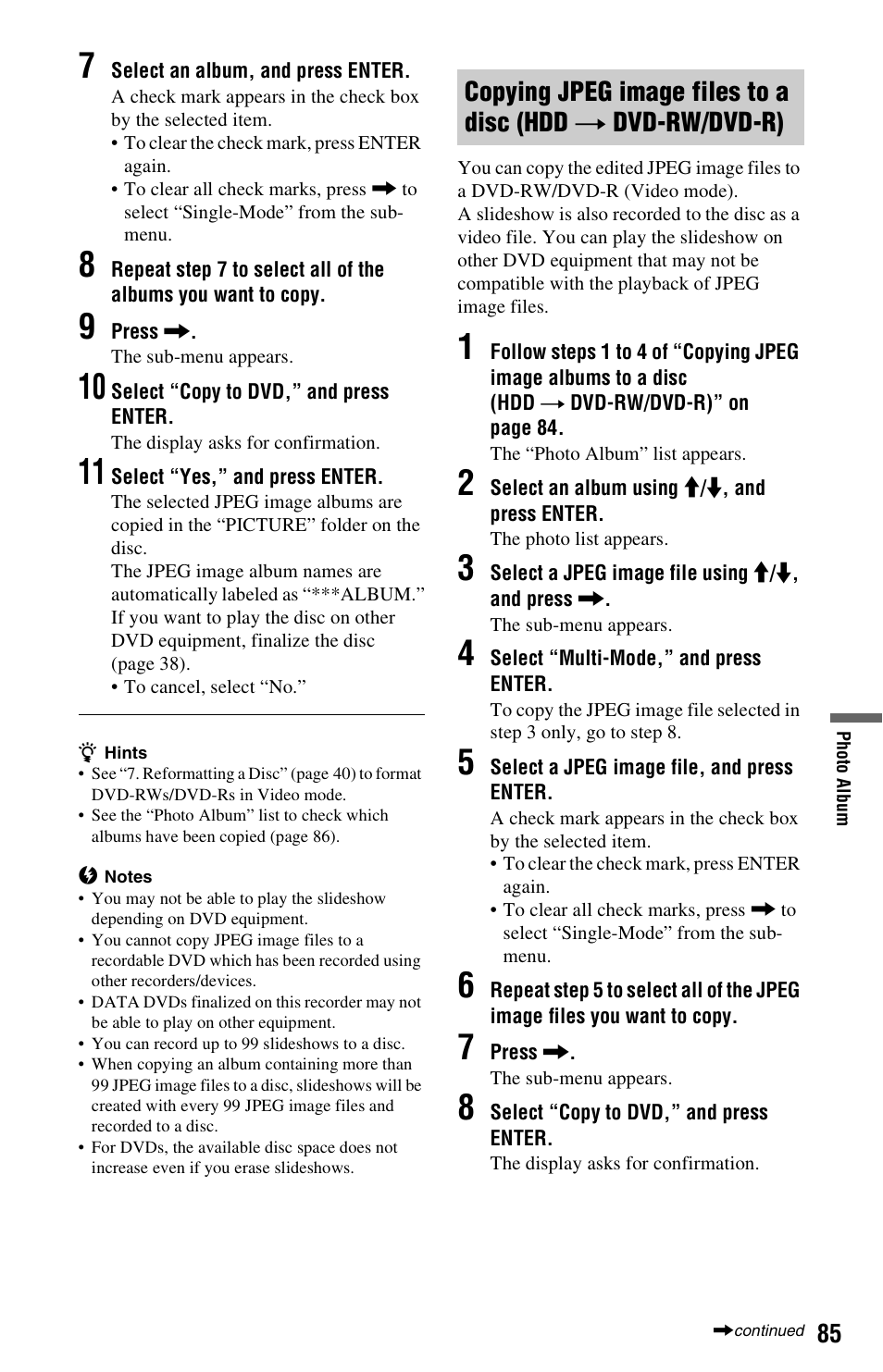 Copying jpeg image files to a disc (hdd | Sony RDR-HX780 User Manual | Page 85 / 136