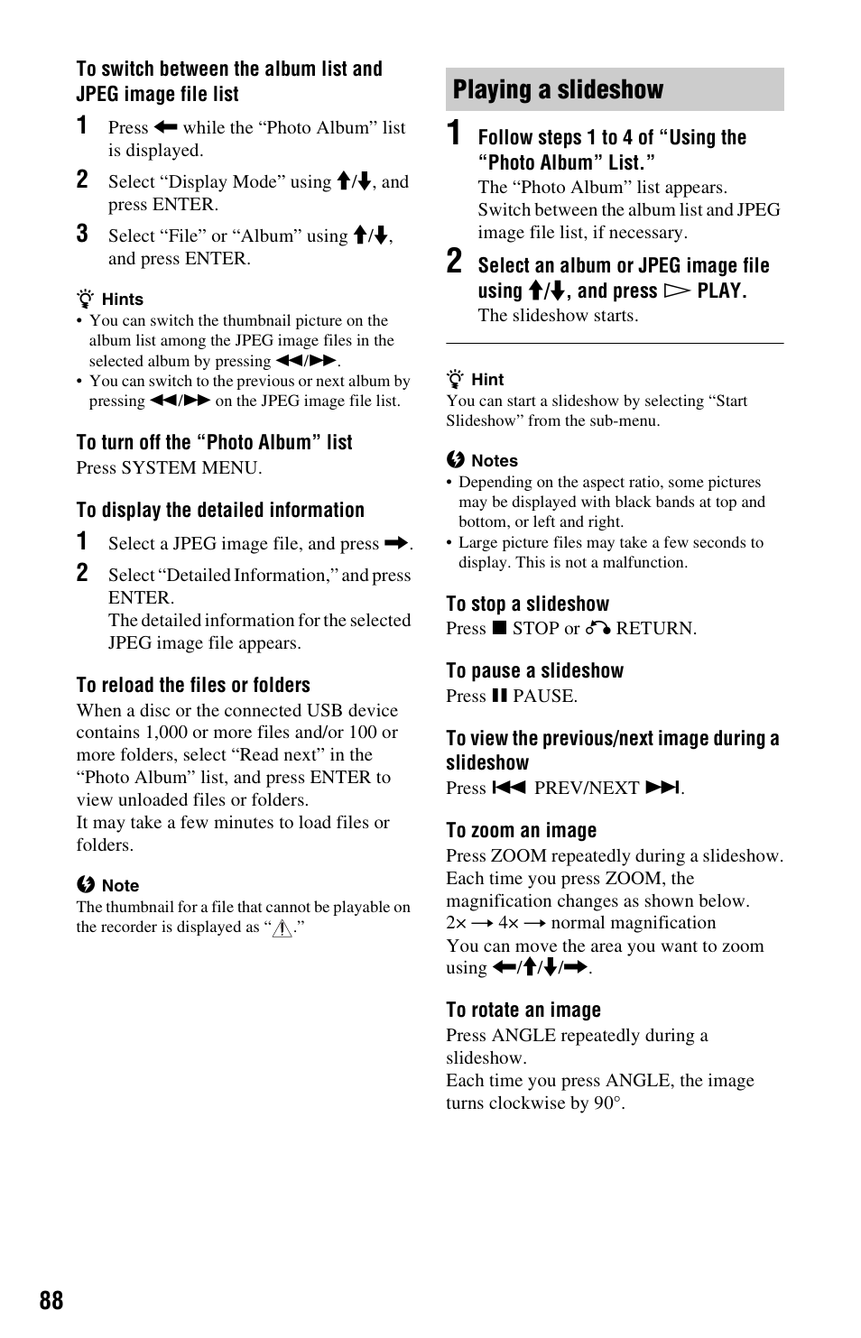 Playing a slideshow | Sony RDR-HX780 User Manual | Page 88 / 136