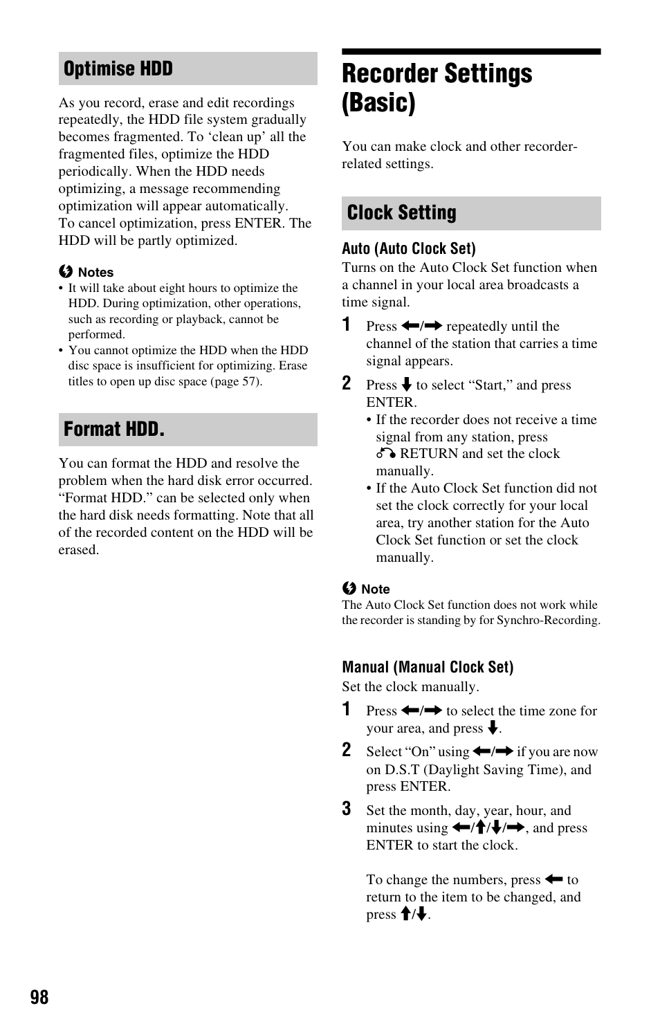 Recorder settings (basic), Optimise hdd format hdd. clock setting | Sony RDR-HX780 User Manual | Page 98 / 136