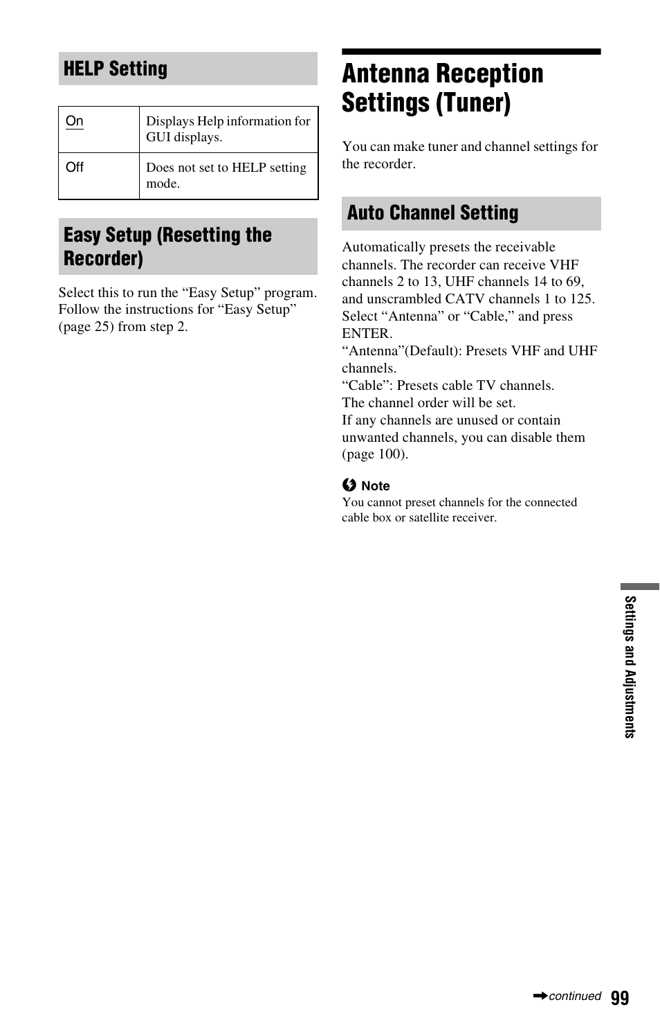 Antenna reception settings (tuner), Help setting | Sony RDR-HX780 User Manual | Page 99 / 136