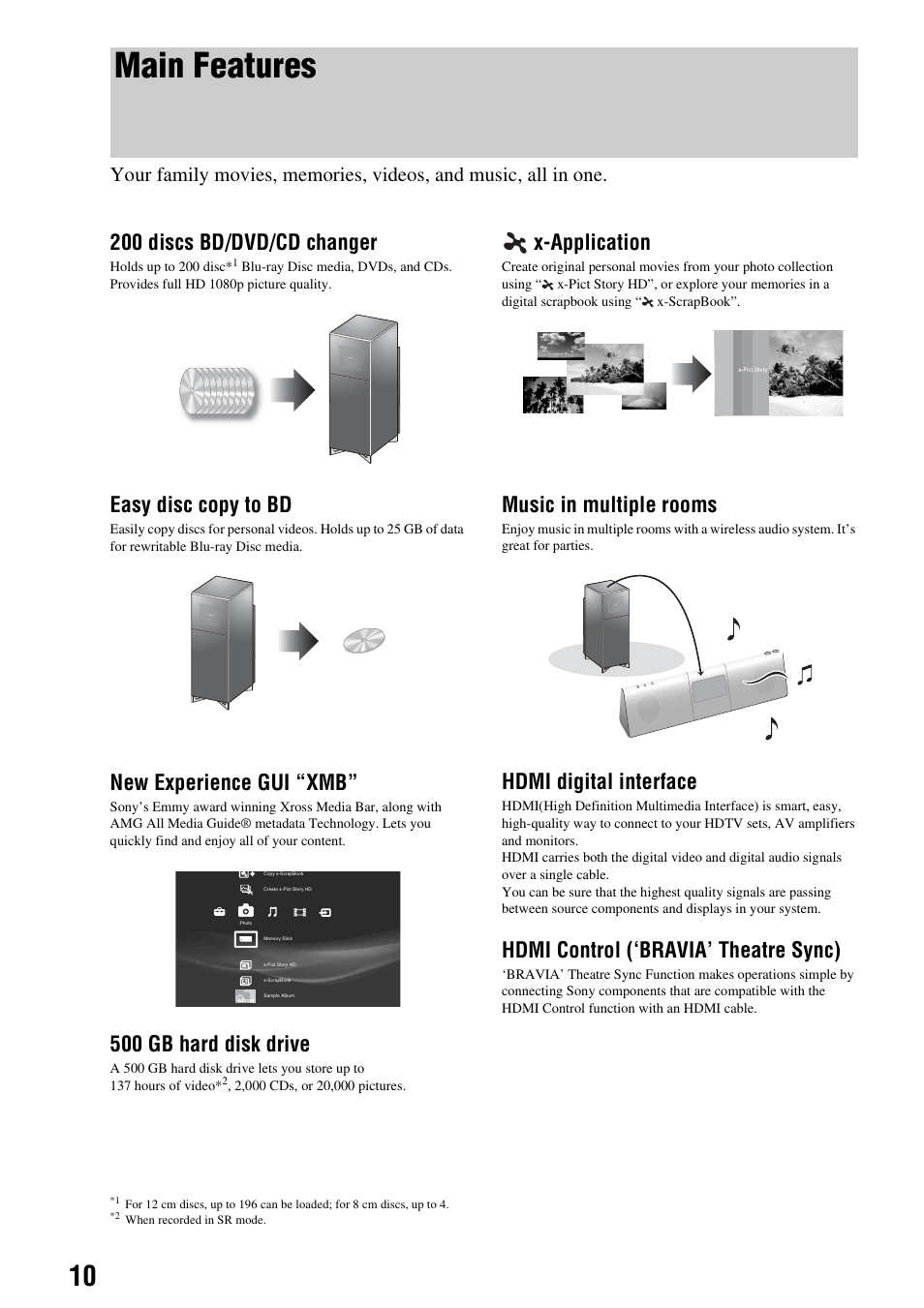 Main features, 200 discs bd/dvd/cd changer, Easy disc copy to bd | New experience gui “xmb, 500 gb hard disk drive, X-application, Music in multiple rooms, Hdmi digital interface, Hdmi control (‘bravia’ theatre sync) | Sony HES-V1000 User Manual | Page 10 / 155
