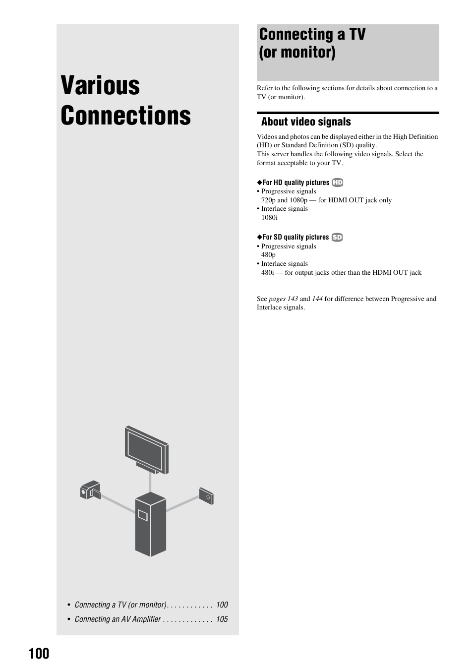 Various connections, Connecting a tv (or monitor), About video signals | Sony HES-V1000 User Manual | Page 100 / 155