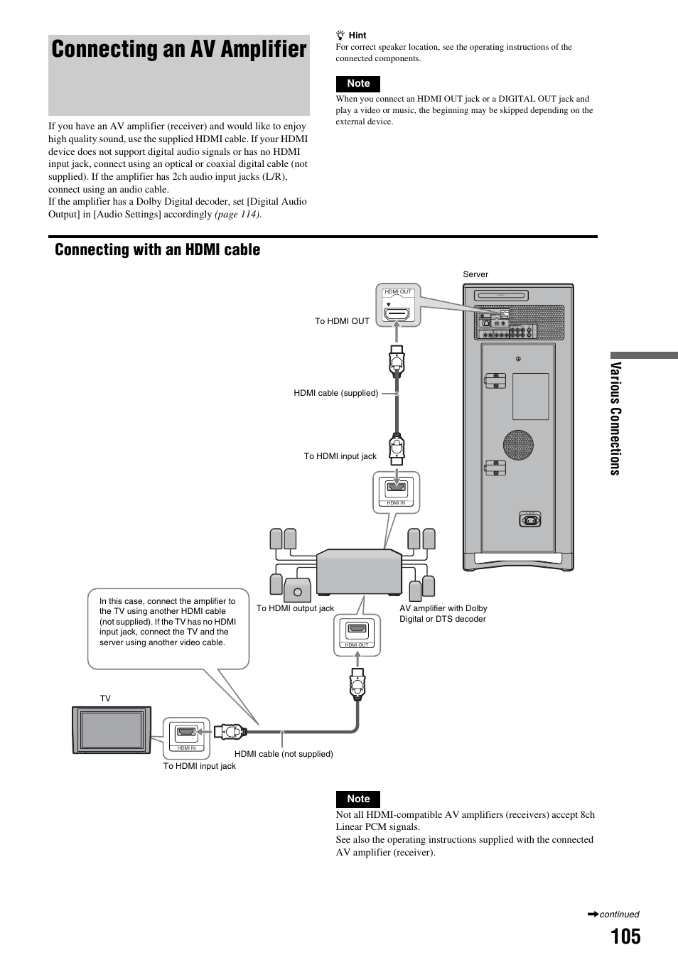 Connecting an av amplifier, Connecting with an hdmi cable, Va rious c onnec tions | Sony HES-V1000 User Manual | Page 105 / 155