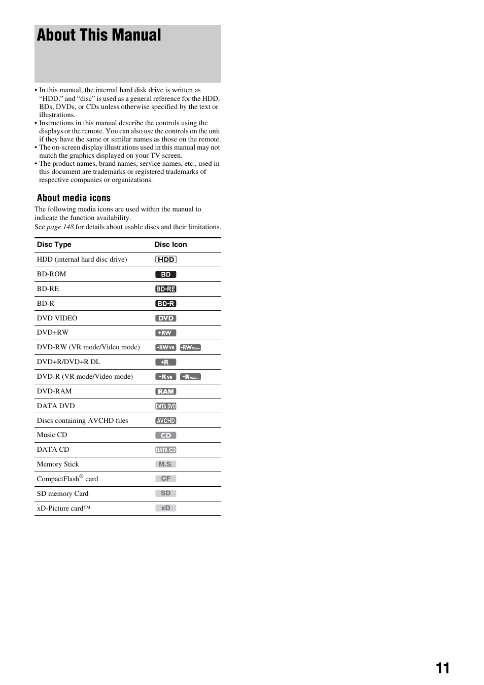 About this manual, About media icons | Sony HES-V1000 User Manual | Page 11 / 155