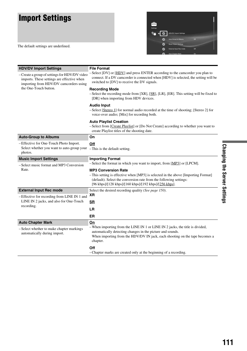 Import settings, Chan ging the s e rv er sett ings | Sony HES-V1000 User Manual | Page 111 / 155