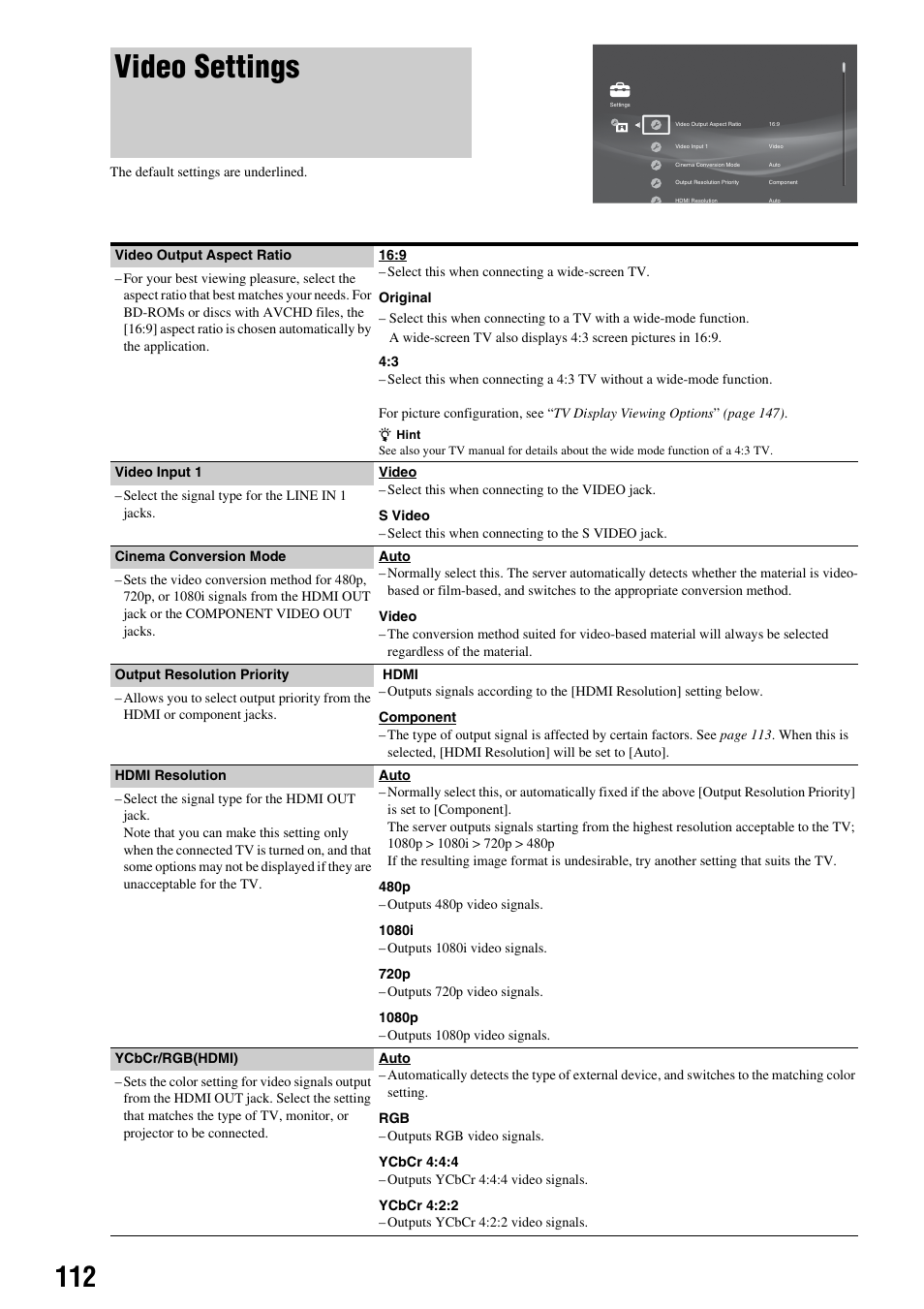 Video settings | Sony HES-V1000 User Manual | Page 112 / 155