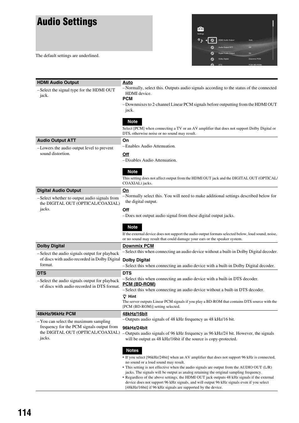 Audio settings | Sony HES-V1000 User Manual | Page 114 / 155