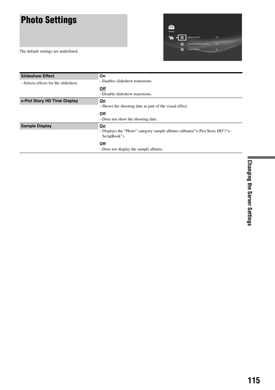 Photo settings, Chan ging the s e rv er sett ings | Sony HES-V1000 User Manual | Page 115 / 155