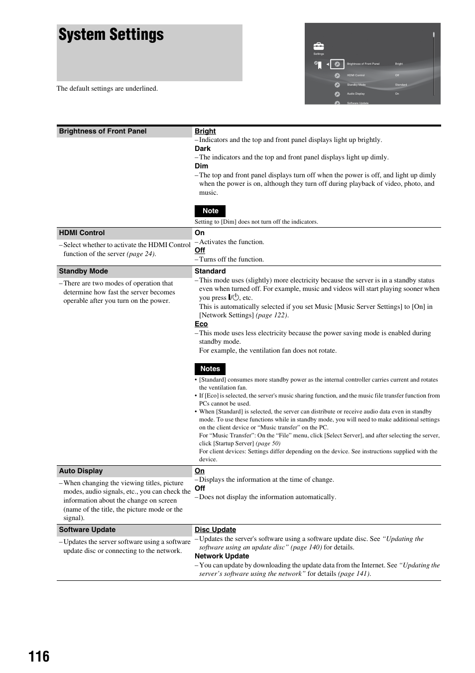System settings | Sony HES-V1000 User Manual | Page 116 / 155