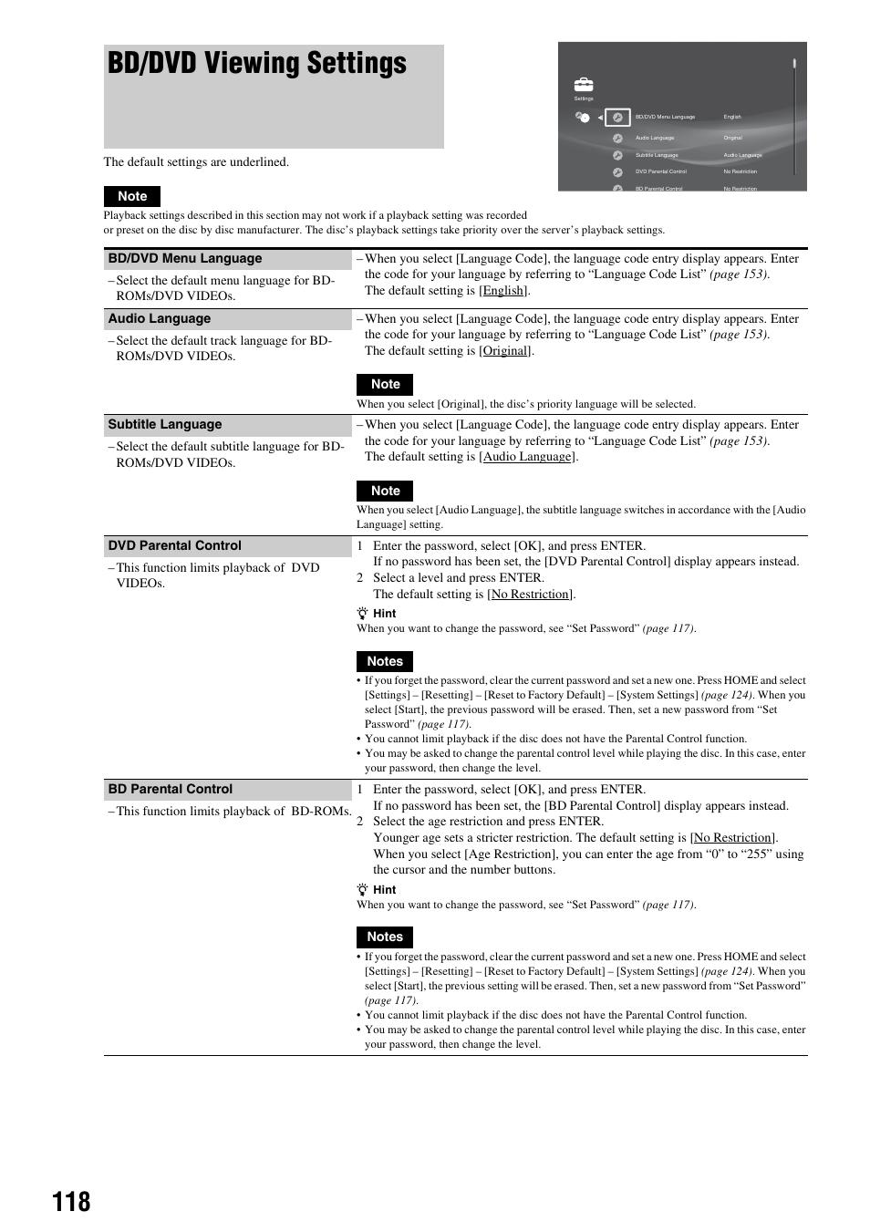 Bd/dvd viewing settings | Sony HES-V1000 User Manual | Page 118 / 155