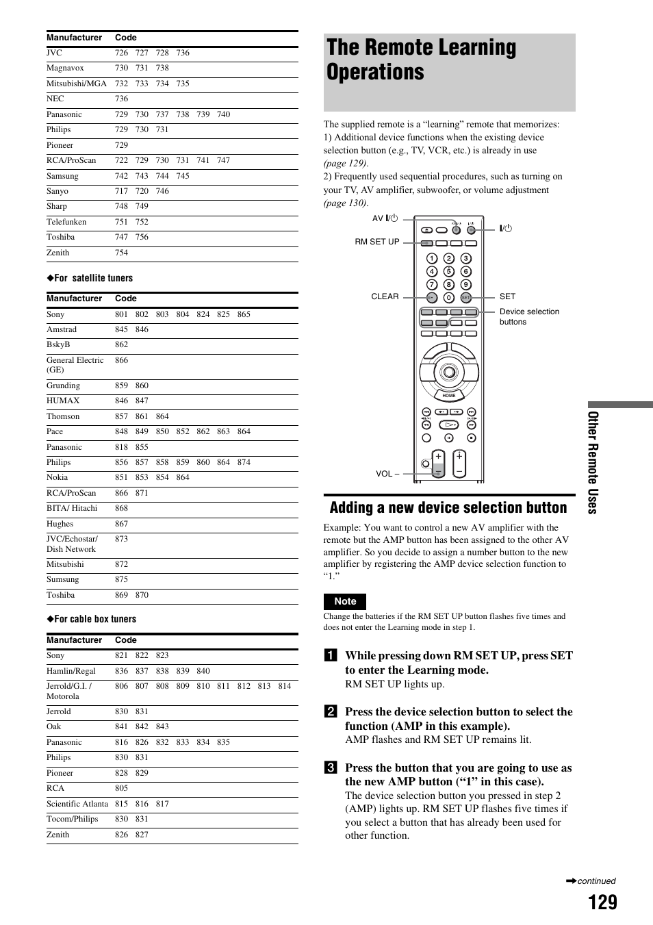 The remote learning operations, Adding a new device selection button, Other remote uses | Sony HES-V1000 User Manual | Page 129 / 155