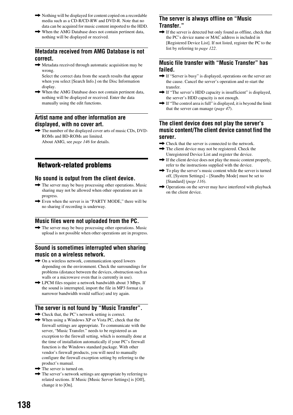 Network-related problems, Metadata received from amg database is not correct, No sound is output from the client device | Music files were not uploaded from the pc, The server is not found by “music transfer, The server is always offline on “music transfer | Sony HES-V1000 User Manual | Page 138 / 155