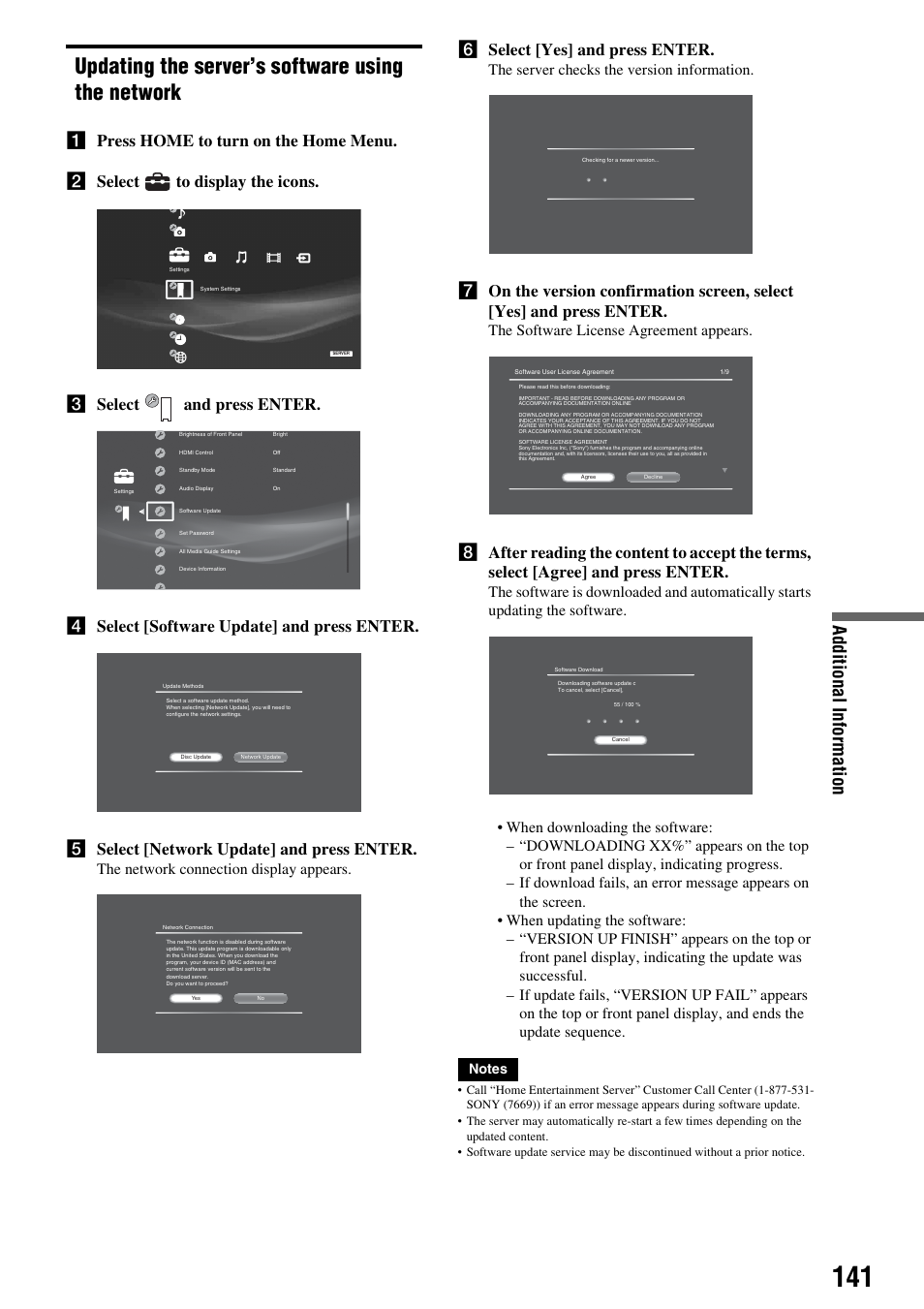 Updating the server’s software using the network, Updating the server’s software using the, Network | Updating the, Server’s software using the network, Additi onal informat ion, F select [yes] and press enter, The network connection display appears, The server checks the version information, The software license agreement appears | Sony HES-V1000 User Manual | Page 141 / 155