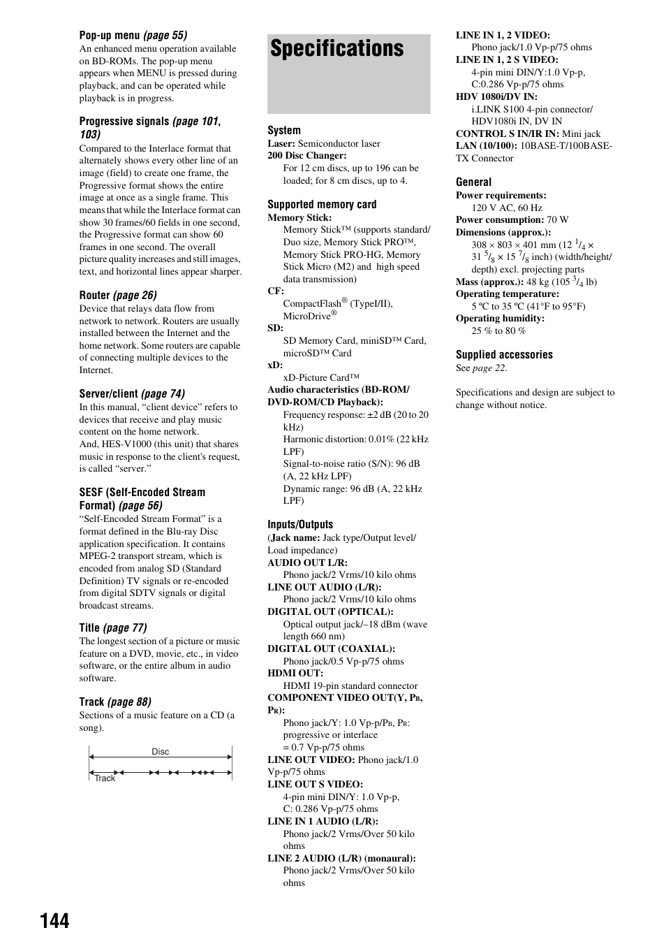 Specifications, D 144 | Sony HES-V1000 User Manual | Page 144 / 155