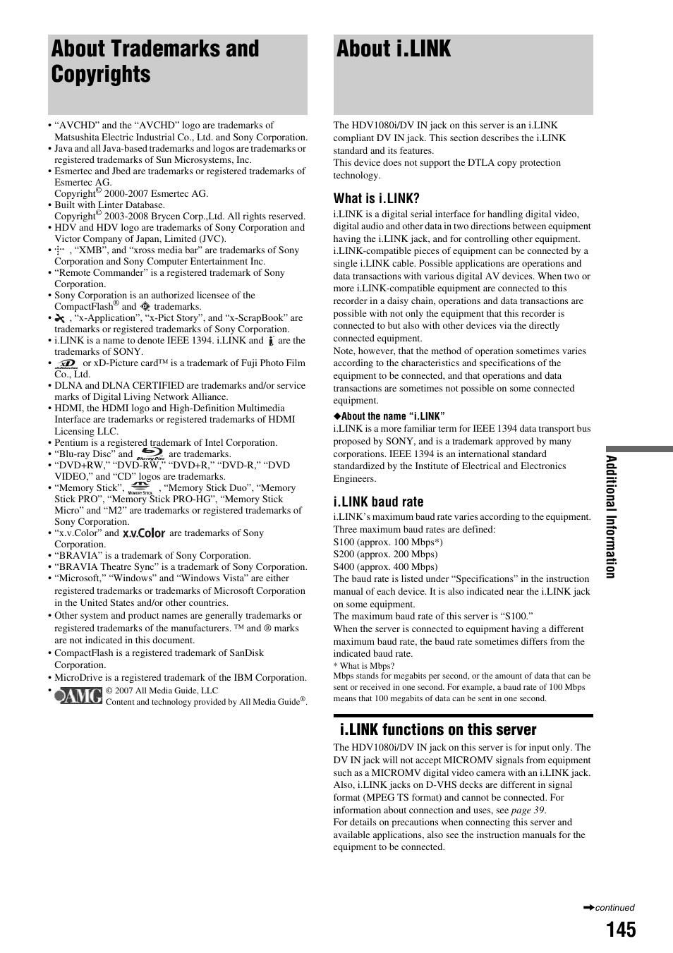 About trademarks and copyrights, About i.link, I.link functions on this server | Additi onal informat ion, What is i.link, I.link baud rate | Sony HES-V1000 User Manual | Page 145 / 155