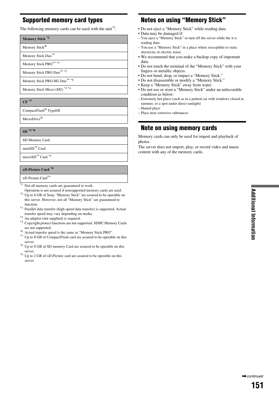 Supported memory card types, Notes on using “memory stick, Note on using memory cards | Additi onal informat ion | Sony HES-V1000 User Manual | Page 151 / 155