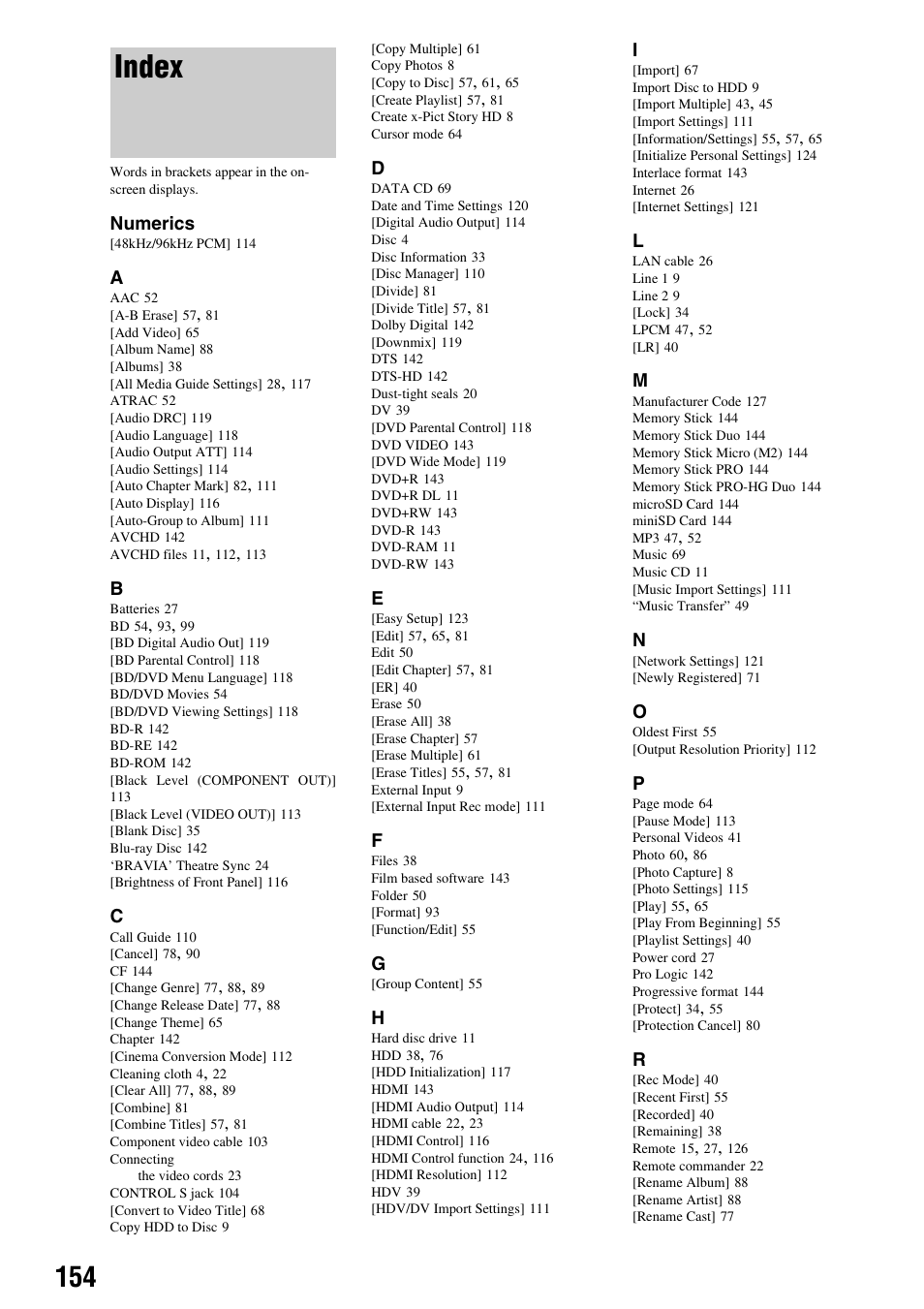Index | Sony HES-V1000 User Manual | Page 154 / 155