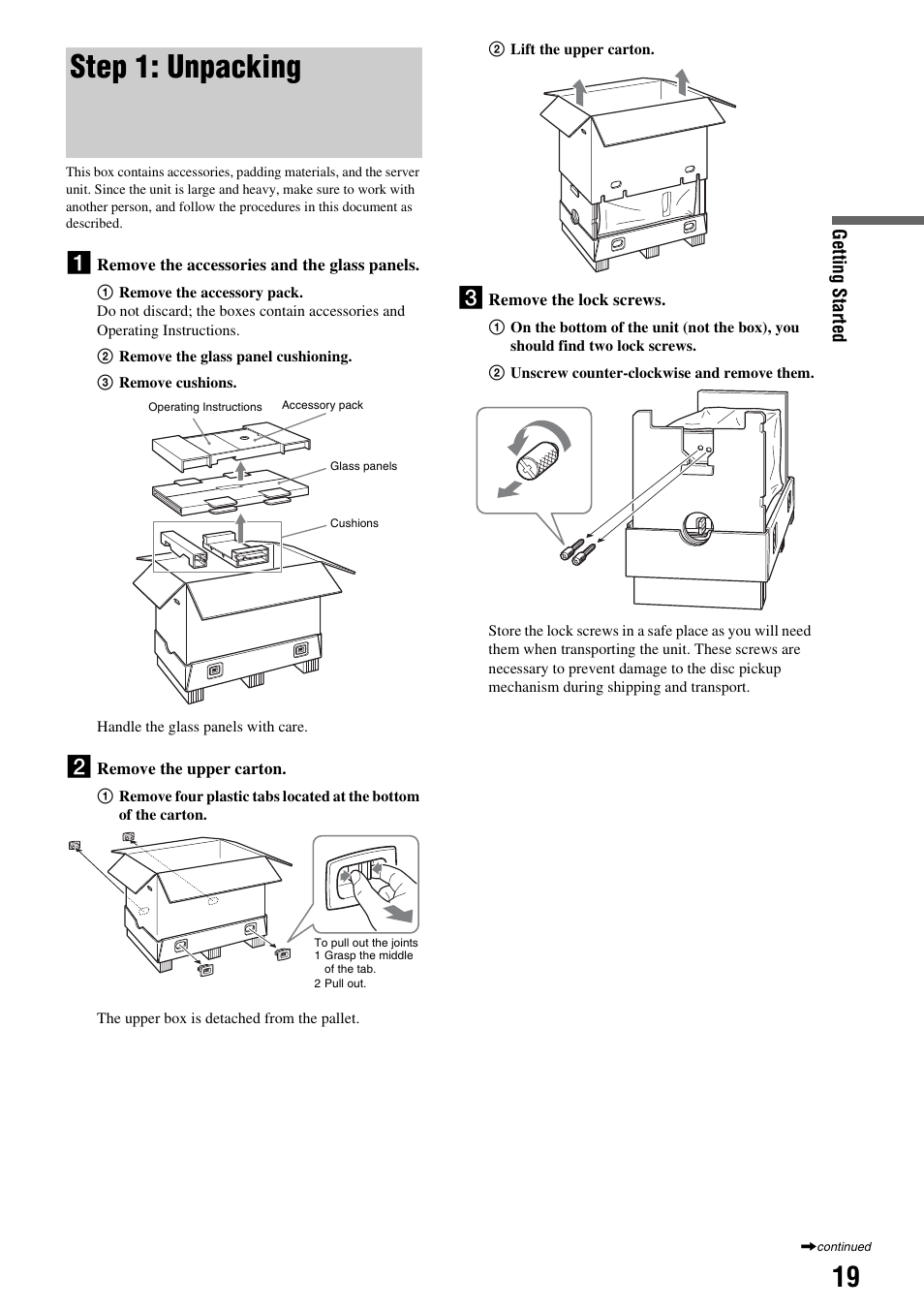 Step 1: unpacking | Sony HES-V1000 User Manual | Page 19 / 155