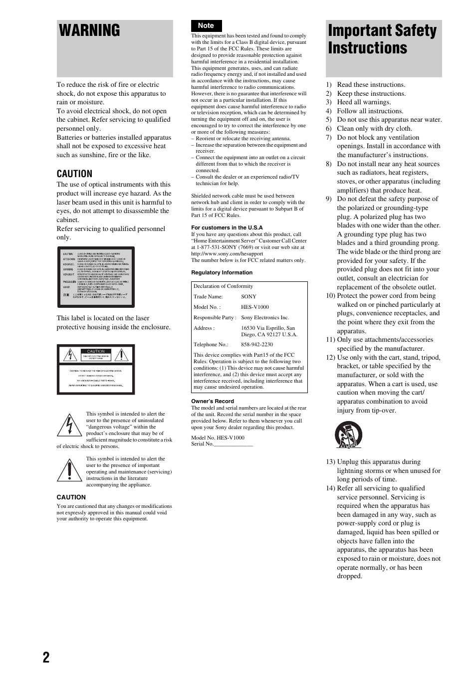 Warning, Important safety instructions, Caution | Sony HES-V1000 User Manual | Page 2 / 155
