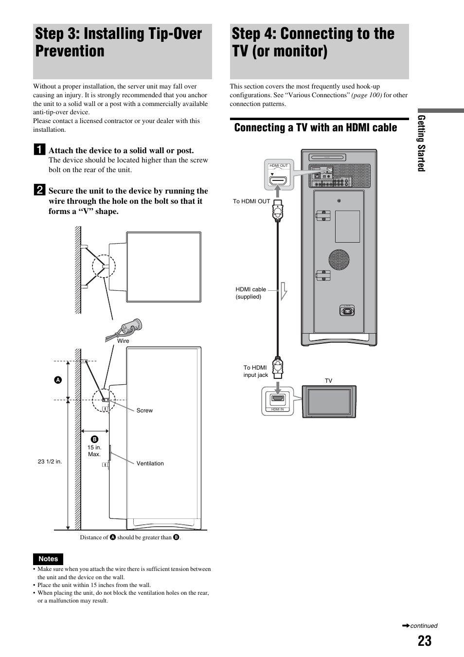 Step 3: installing tip-over prevention, Step 4: connecting to the tv (or monitor), Connecting a tv with an hdmi cable | Step 4: connecting to the tv, Or monitor), Getting s tarted | Sony HES-V1000 User Manual | Page 23 / 155