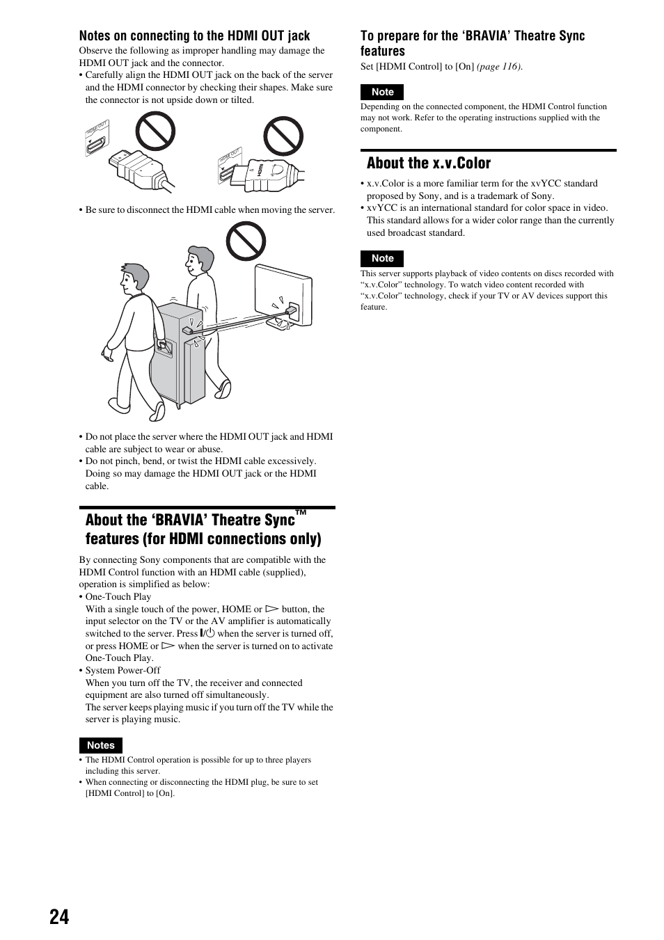 About the x.v.color, About the ‘bravia’ theatre sync, Features (for hdmi connections only) | Sony HES-V1000 User Manual | Page 24 / 155