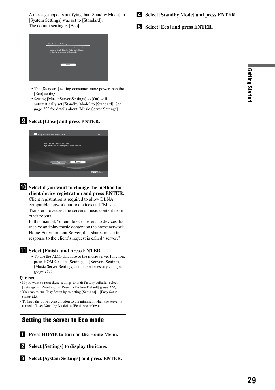 Setting the server to eco mode, Getting s tarted, Select [close] and press enter | Select [finish] and press enter | Sony HES-V1000 User Manual | Page 29 / 155