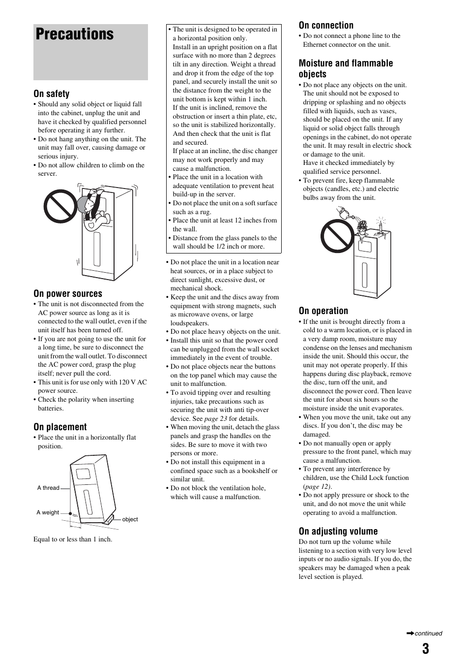 Precautions, On safety, On power sources | On placement, On connection, Moisture and flammable objects, On operation, On adjusting volume | Sony HES-V1000 User Manual | Page 3 / 155