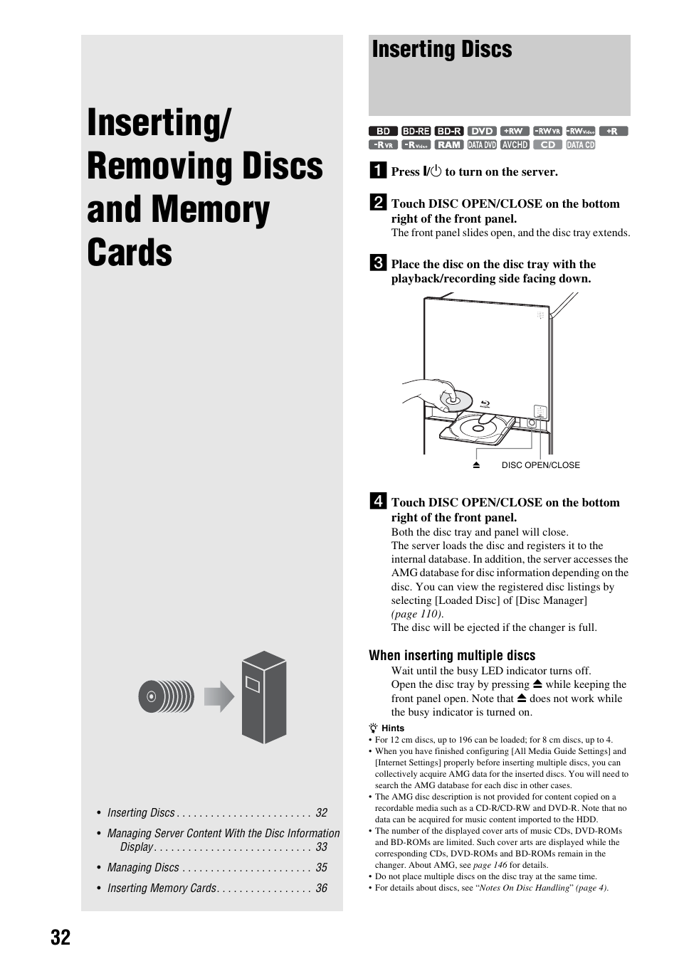 Inserting/ removing discs and memory cards, Inserting discs, Inserting/removing discs and memory cards | Sony HES-V1000 User Manual | Page 32 / 155