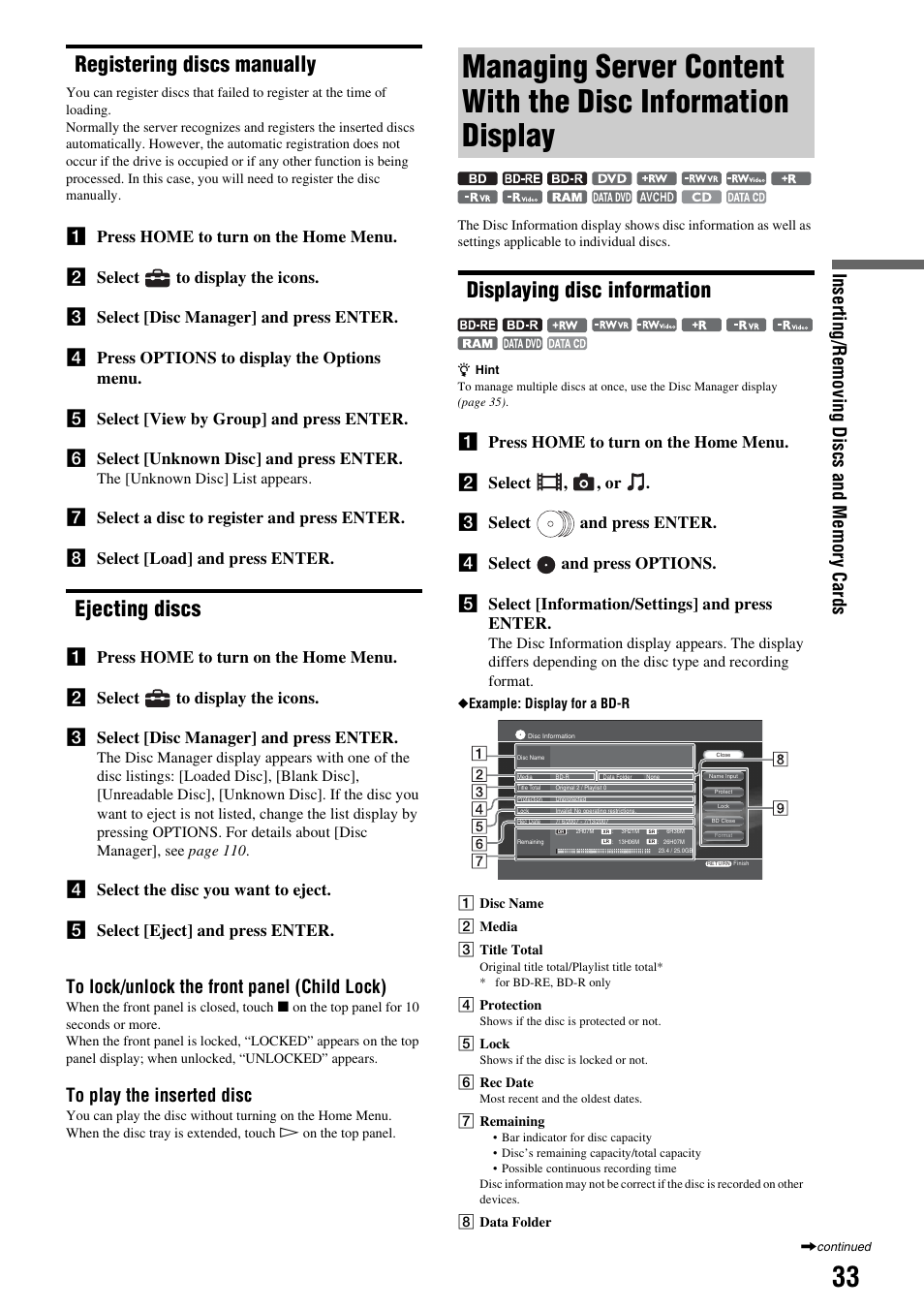 Registering discs manually, Ejecting discs, Displaying disc information | Registering discs manually ejecting discs, Managing server content with the disc, Information display, Managing server content with the disc information, Display | Sony HES-V1000 User Manual | Page 33 / 155