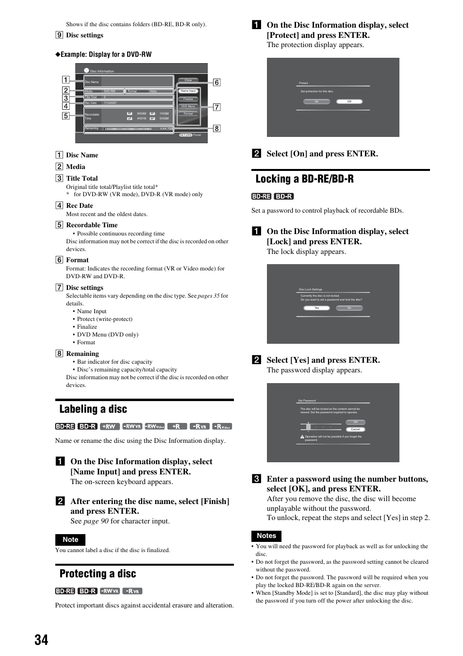 Labeling a disc, Protecting a disc, Locking a bd-re/bd-r | B select [on] and press enter, B select [yes] and press enter, The on-screen keyboard appears, See page 90 f or character input, The protection display appears, The lock display appears, The password display appears | Sony HES-V1000 User Manual | Page 34 / 155