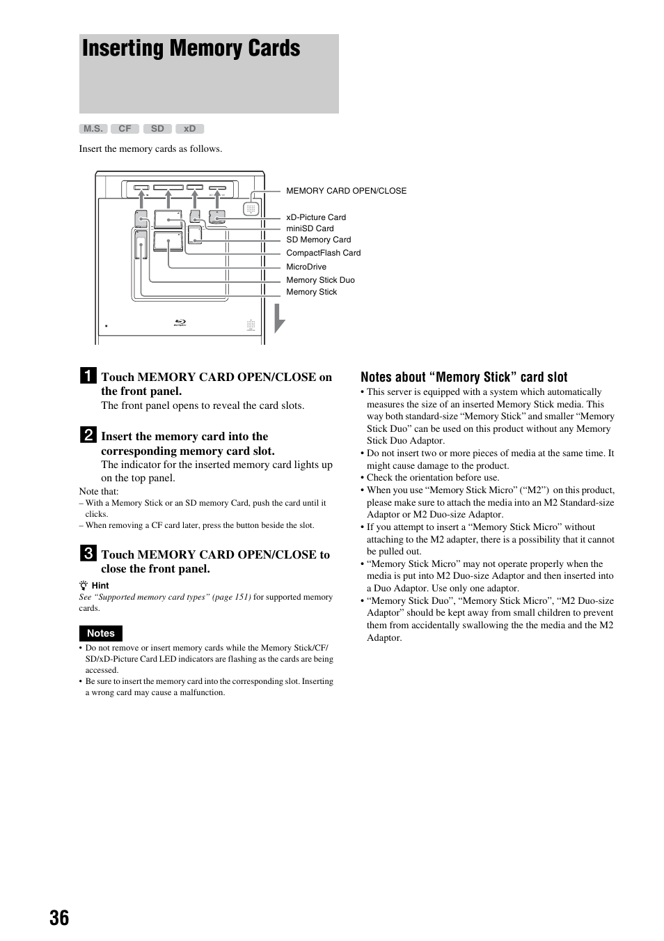 Inserting memory cards | Sony HES-V1000 User Manual | Page 36 / 155