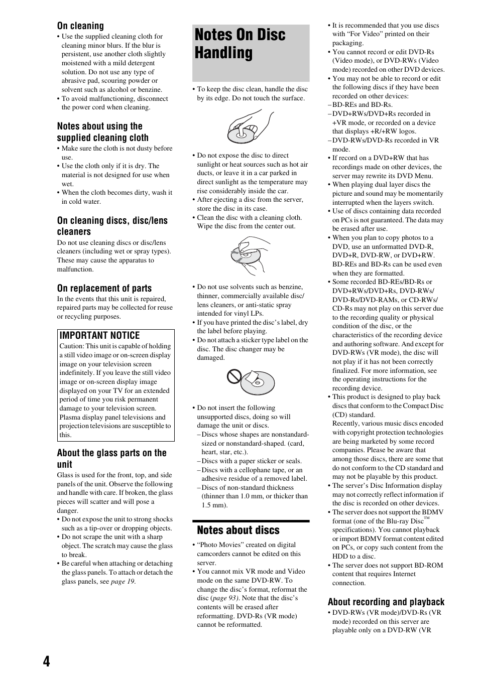 Notes on disc handling, Notes about discs, On cleaning | On cleaning discs, disc/lens cleaners, On replacement of parts, About the glass parts on the unit, About recording and playback, Important notice | Sony HES-V1000 User Manual | Page 4 / 155