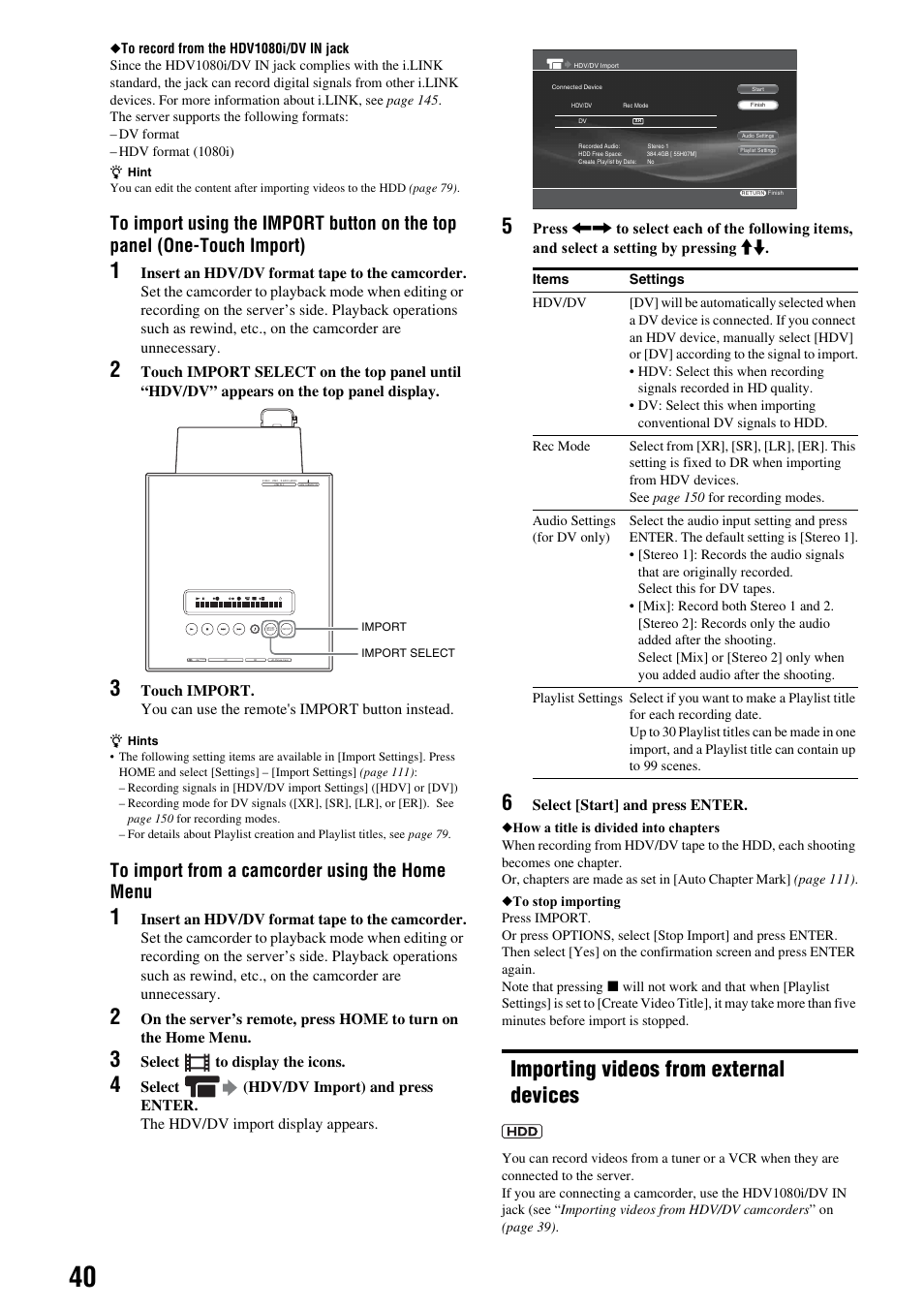 Importing videos from external devices | Sony HES-V1000 User Manual | Page 40 / 155