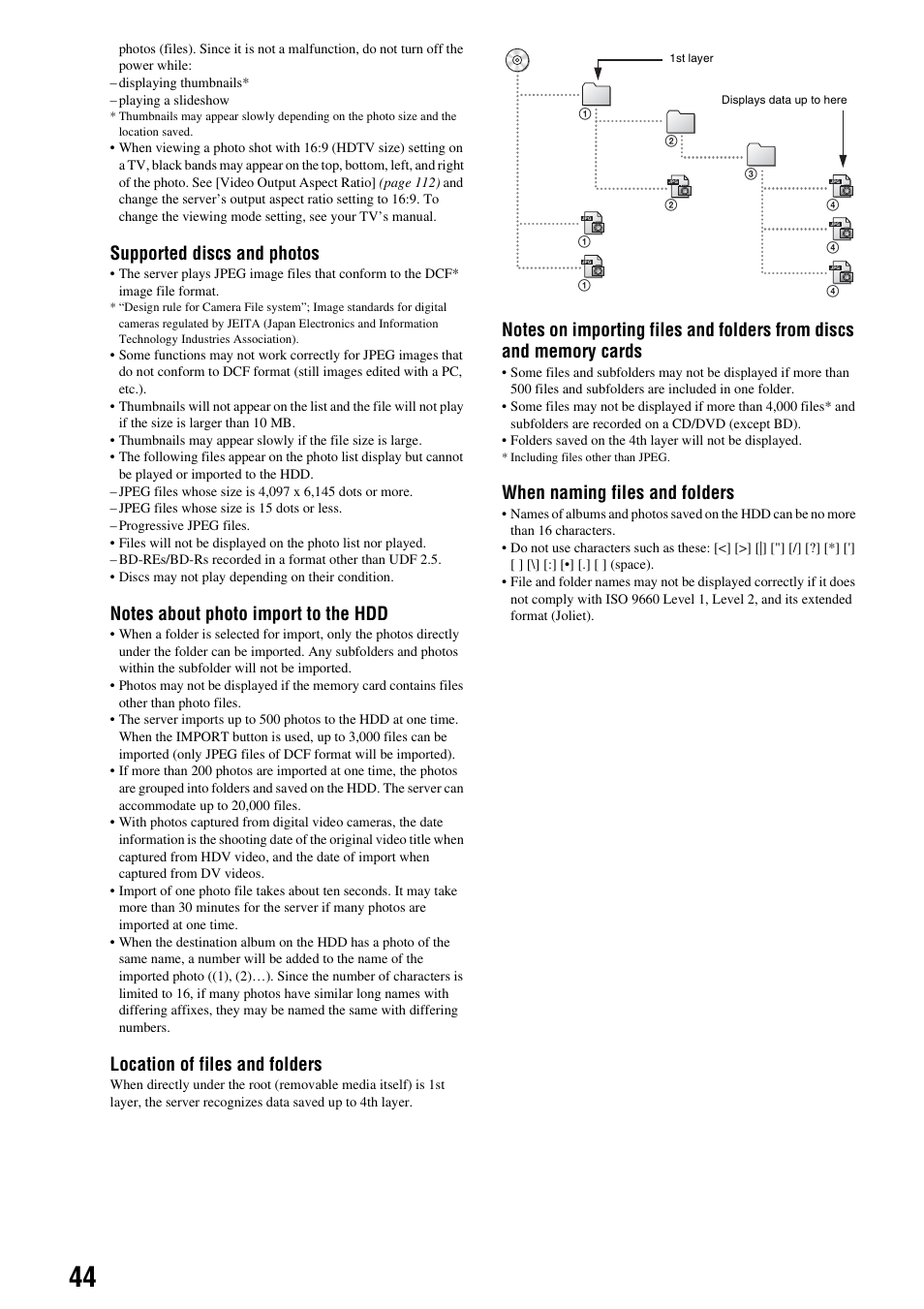 Supported discs and photos, Location of files and folders, When naming files and folders | Sony HES-V1000 User Manual | Page 44 / 155