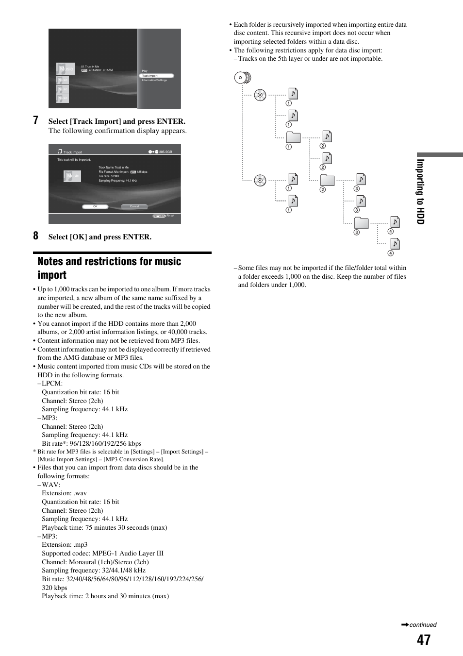 Notes and restrictions for music import, Im por ting to hdd | Sony HES-V1000 User Manual | Page 47 / 155