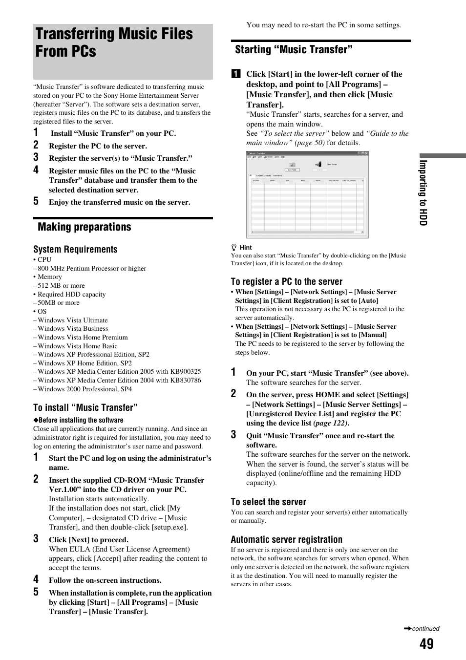 Transferring music files from pcs, Making preparations, Starting “music transfer | Making preparations starting “music transfer | Sony HES-V1000 User Manual | Page 49 / 155