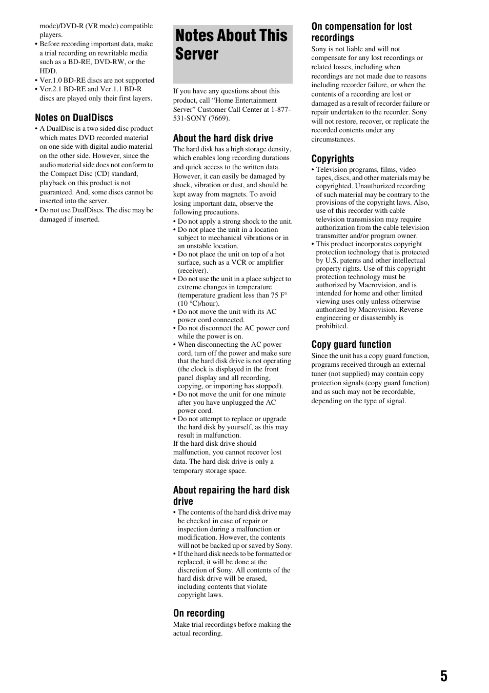 Notes about this server, About the hard disk drive, About repairing the hard disk drive | On recording, On compensation for lost recordings, Copyrights, Copy guard function | Sony HES-V1000 User Manual | Page 5 / 155