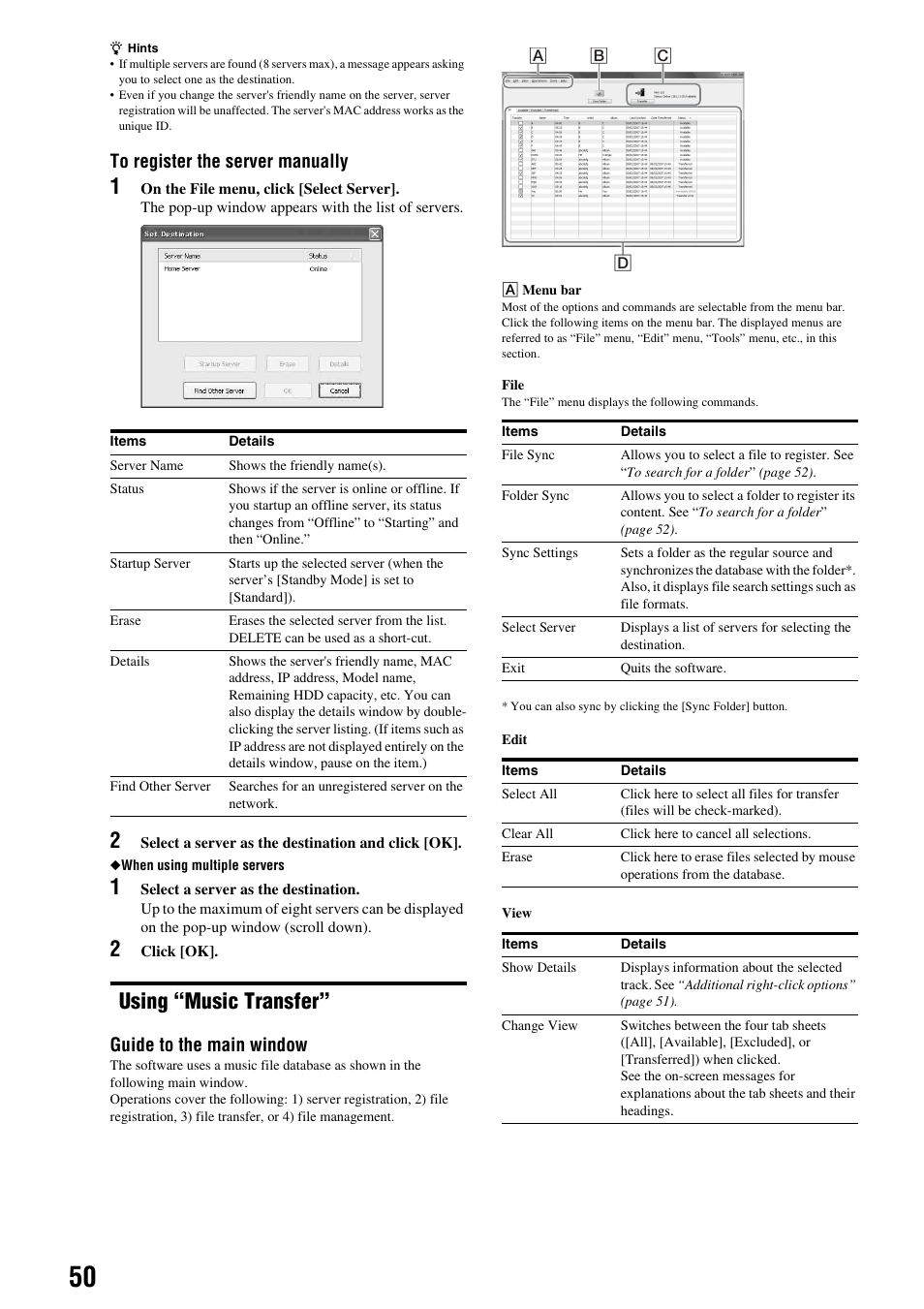 Using “music transfer, Guide to the main window | Sony HES-V1000 User Manual | Page 50 / 155