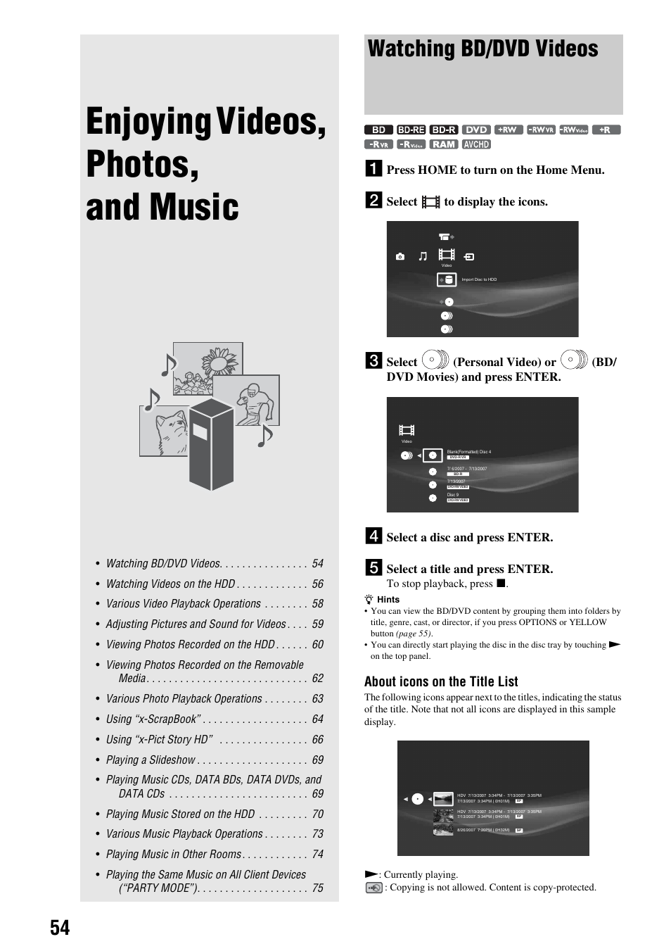 Enjoying videos, photos, and music, Watching bd/dvd videos, About icons on the title list | Sony HES-V1000 User Manual | Page 54 / 155