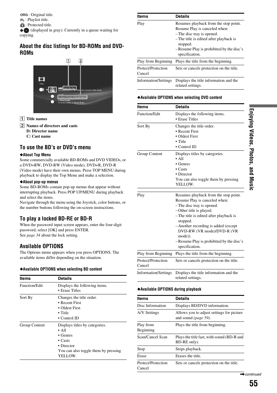 Enjoying v ideos , p hotos, and m u si c, About the disc listings for bd-roms and dvd- roms, Available options | Sony HES-V1000 User Manual | Page 55 / 155