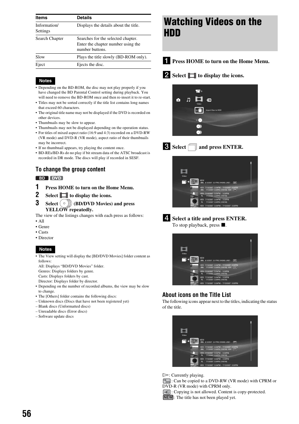 Watching videos on the hdd, About icons on the title list, Select and press enter | Select a title and press enter, Press home to turn on the home menu, Select to display the icons, Select (bd/dvd movies) and press yellow repeatedly | Sony HES-V1000 User Manual | Page 56 / 155