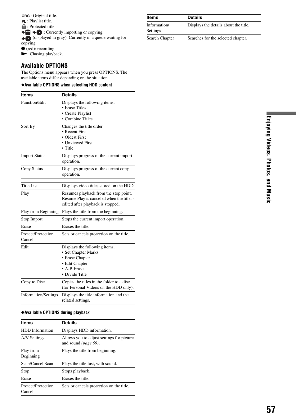 Enjoying v ideos , p hotos, and m u si c, Available options | Sony HES-V1000 User Manual | Page 57 / 155