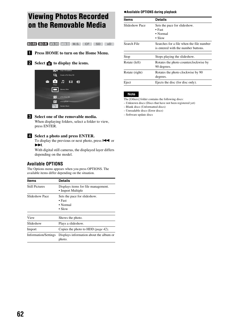 Viewing photos recorded on the removable media, Viewing photos recorded on the removable, Media | Available options, D select a photo and press enter | Sony HES-V1000 User Manual | Page 62 / 155