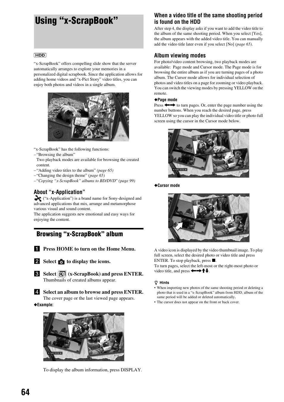 Using “x-scrapbook, Browsing “x-scrapbook” album | Sony HES-V1000 User Manual | Page 64 / 155