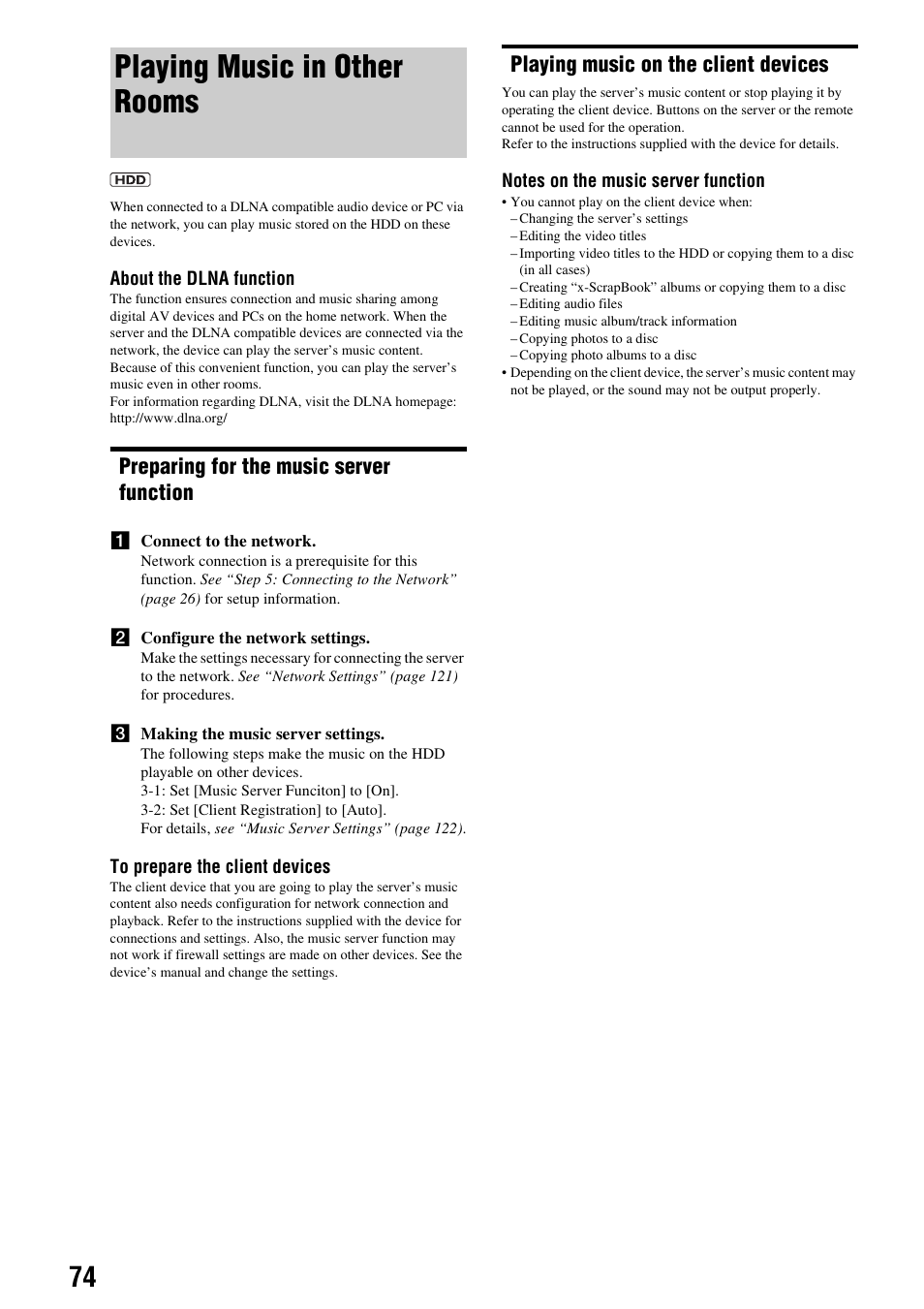 Playing music in other rooms, Preparing for the music server function, Playing music on the client devices | Sony HES-V1000 User Manual | Page 74 / 155