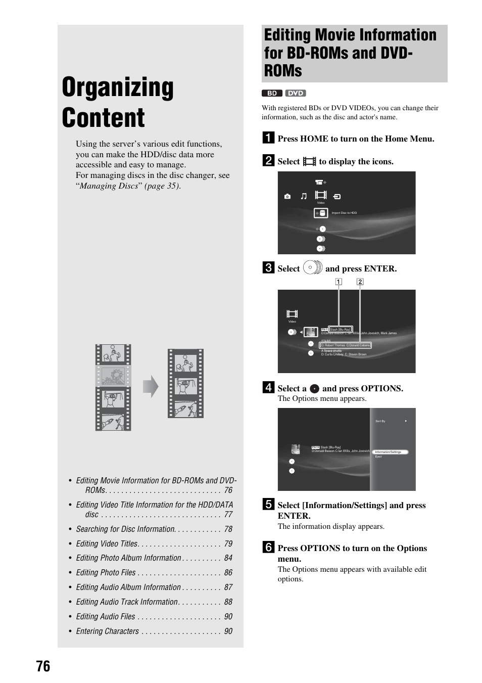 Organizing content, Editing movie information for bd-roms and, Dvd-roms | Sony HES-V1000 User Manual | Page 76 / 155